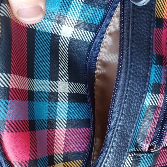Multi Sac colorful plaid and navy backpack 9 pockets approx 12 X 11 - Picture 6 of 12